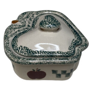 Vintage Sugar Bowl w/ Lid Spongeware Checkered Heart Apple Ceramic Ivory Green